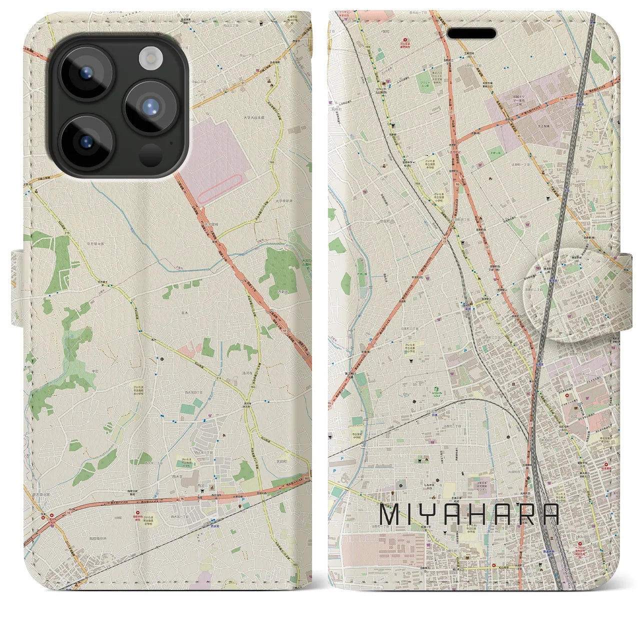 【宮原(埼玉県)】地図柄iPhoneケース(手帳タイプ)ナチュラル・iPhone 15 Pro Max 用