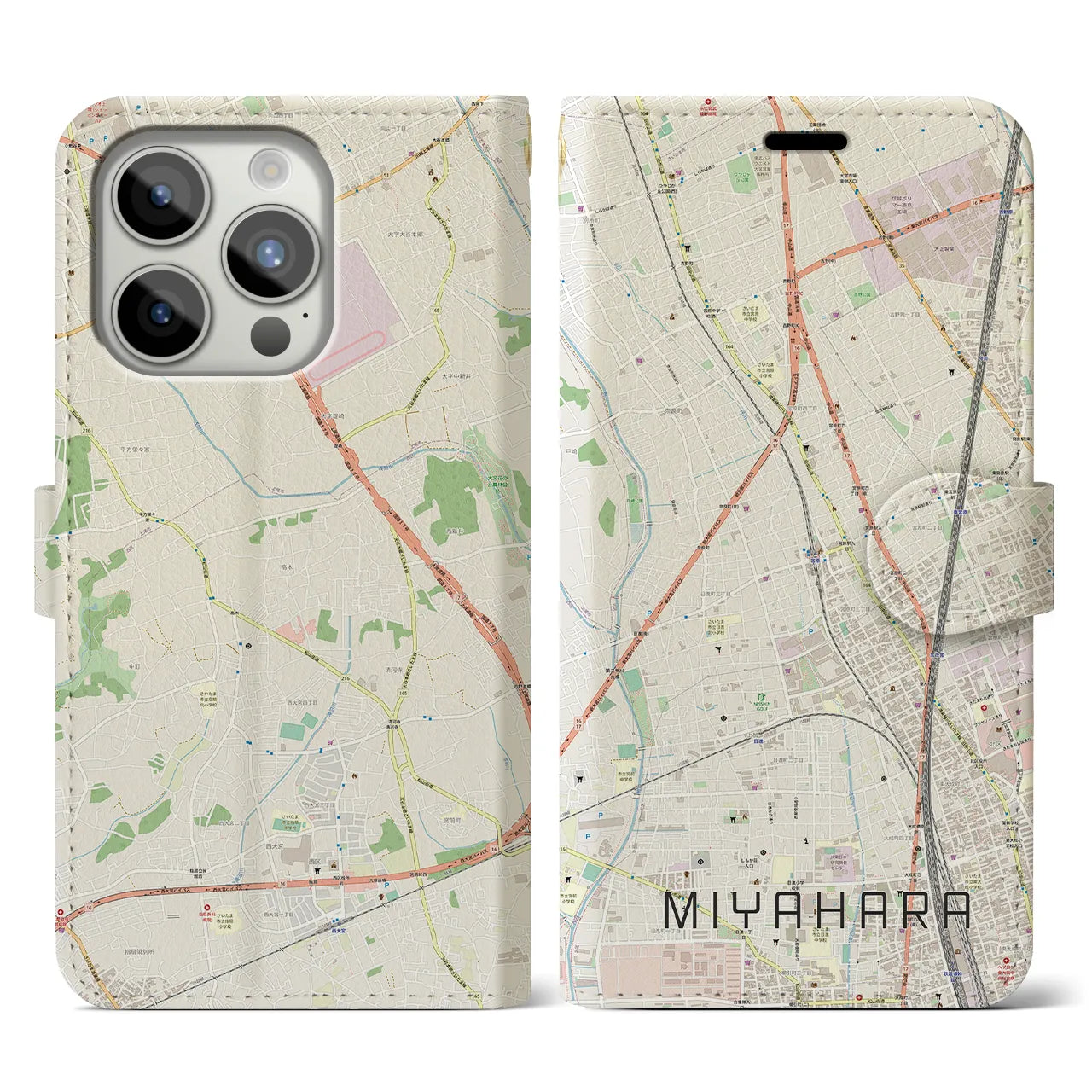 【宮原(埼玉県)】地図柄iPhoneケース(手帳タイプ)ナチュラル・iPhone 15 Pro 用