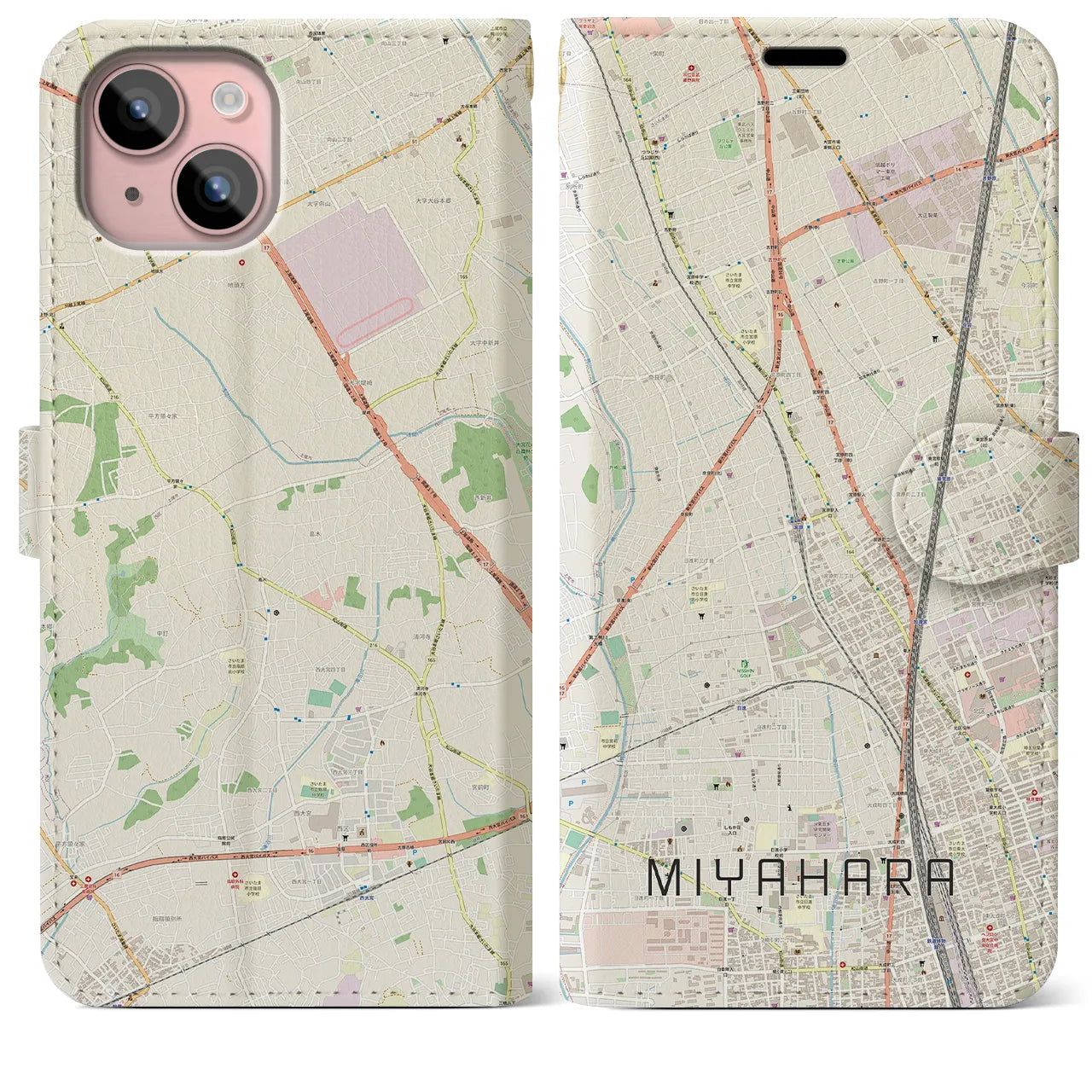 【宮原(埼玉県)】地図柄iPhoneケース(手帳タイプ)ナチュラル・iPhone 15 Plus 用
