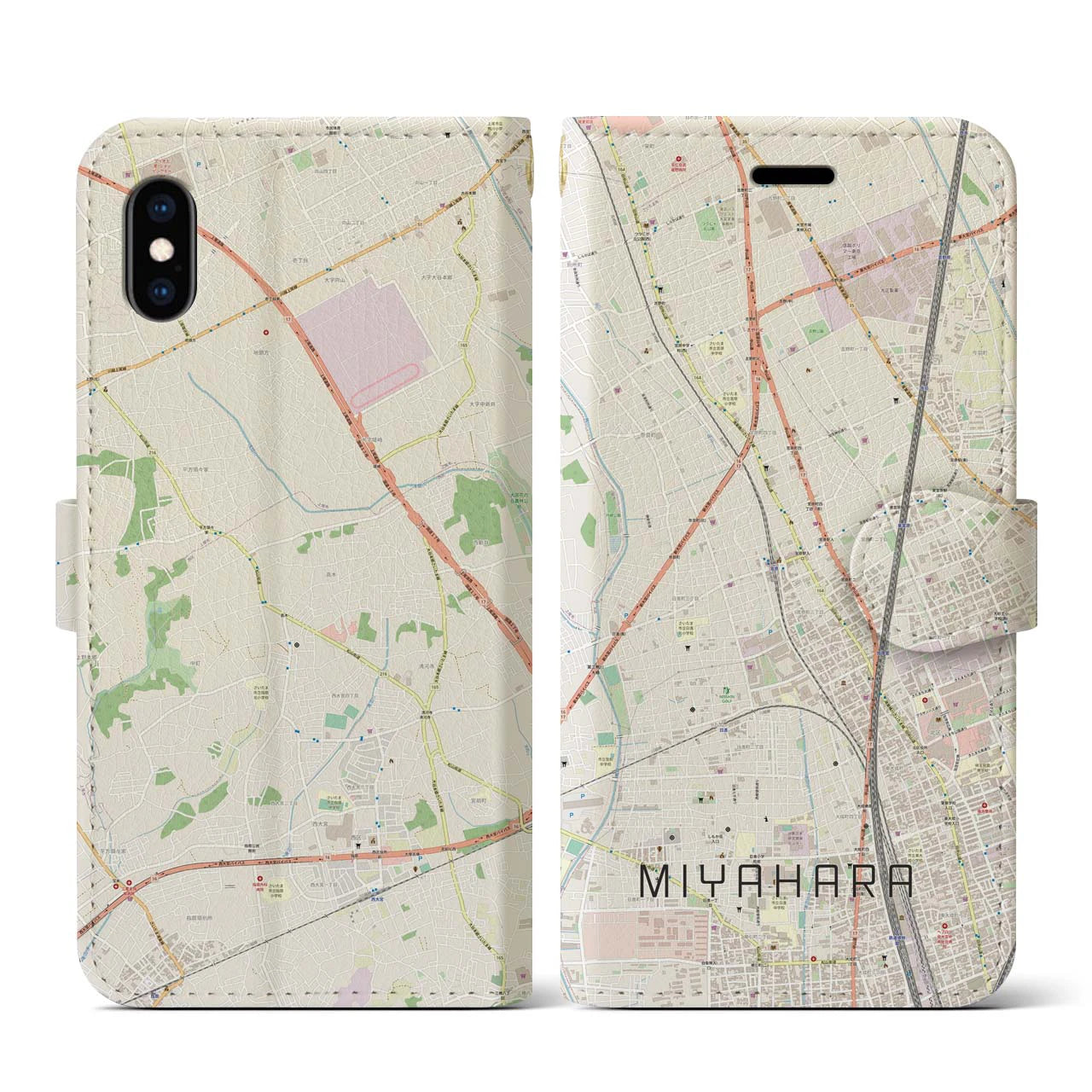 【宮原(埼玉県)】地図柄iPhoneケース(手帳タイプ)ナチュラル・iPhone XS / X 用