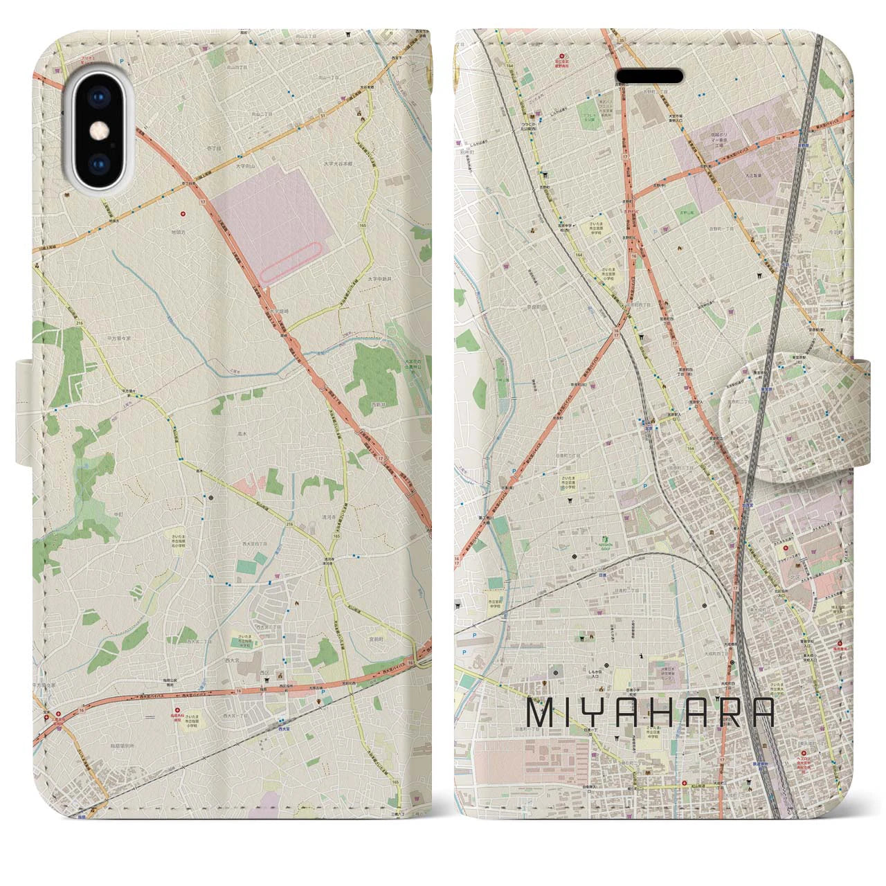 【宮原(埼玉県)】地図柄iPhoneケース(手帳タイプ)ナチュラル・iPhone XS Max 用