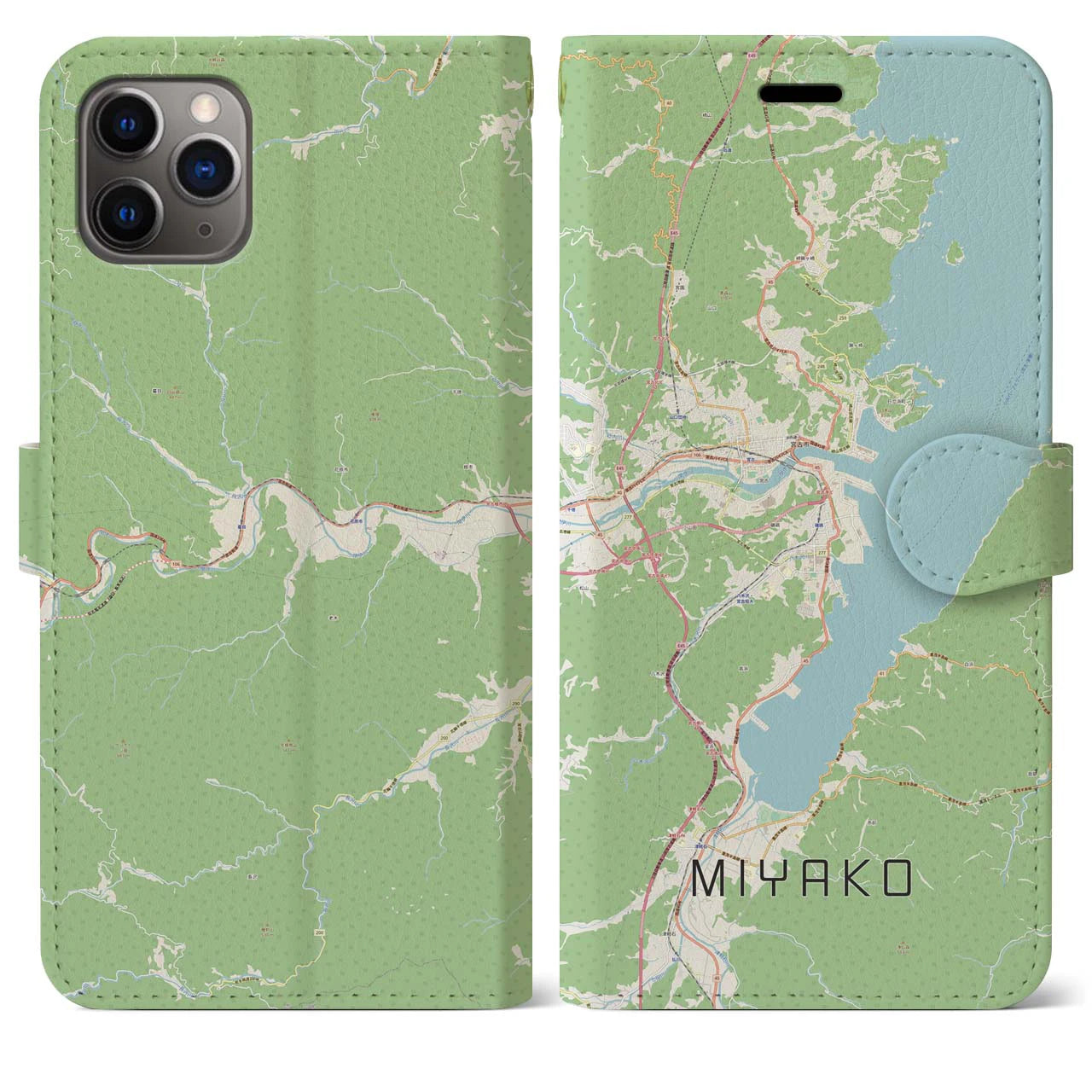 【宮古(岩手県)】地図柄iPhoneケース(手帳タイプ)ナチュラル・iPhone 11 Pro Max 用