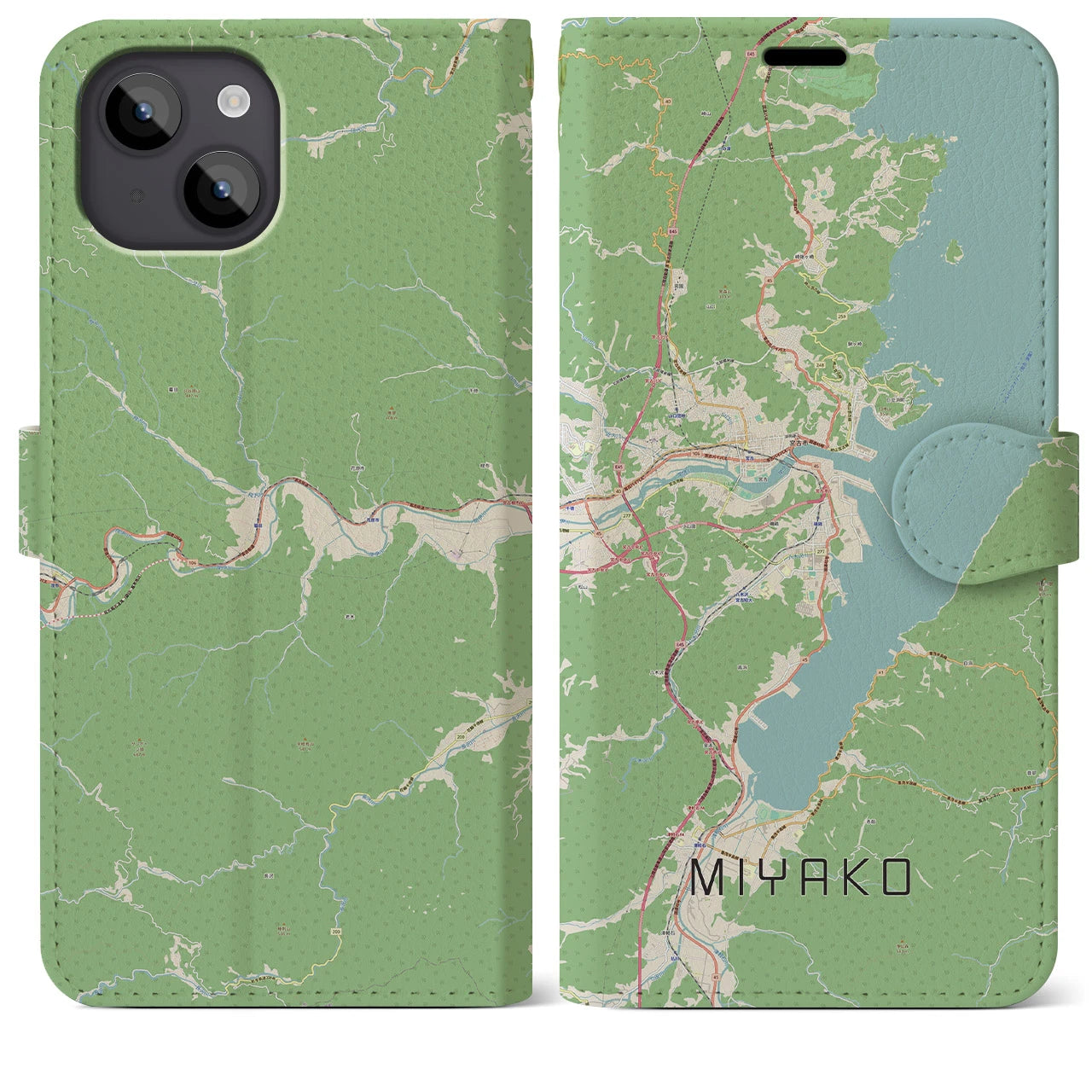 【宮古(岩手県)】地図柄iPhoneケース(手帳タイプ)ナチュラル・iPhone 14 Plus 用