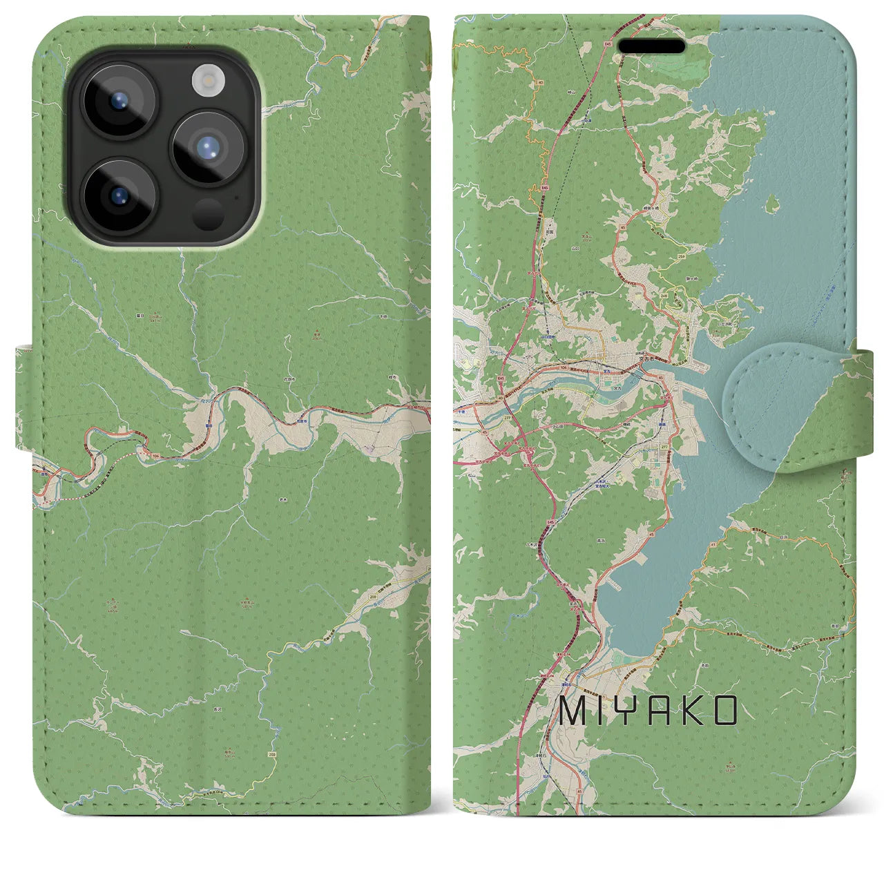 【宮古(岩手県)】地図柄iPhoneケース(手帳タイプ)ナチュラル・iPhone 15 Pro Max 用