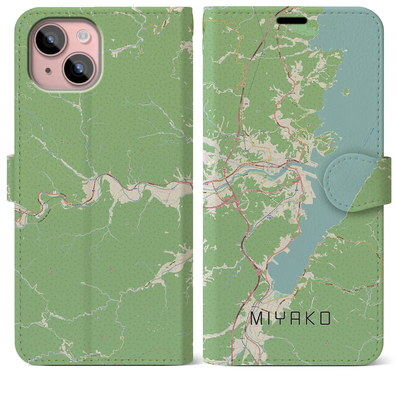 【宮古(岩手県)】地図柄iPhoneケース(手帳タイプ)ナチュラル・iPhone 15 Plus 用