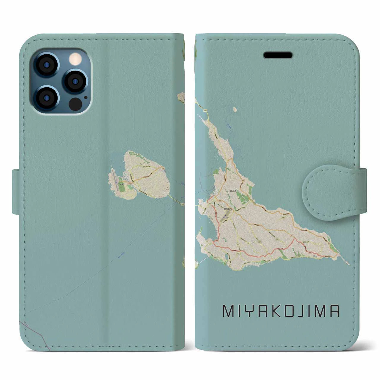 【宮古島(沖縄県)】地図柄iPhoneケース(手帳タイプ)ナチュラル・iPhone 12 / 12 Pro 用
