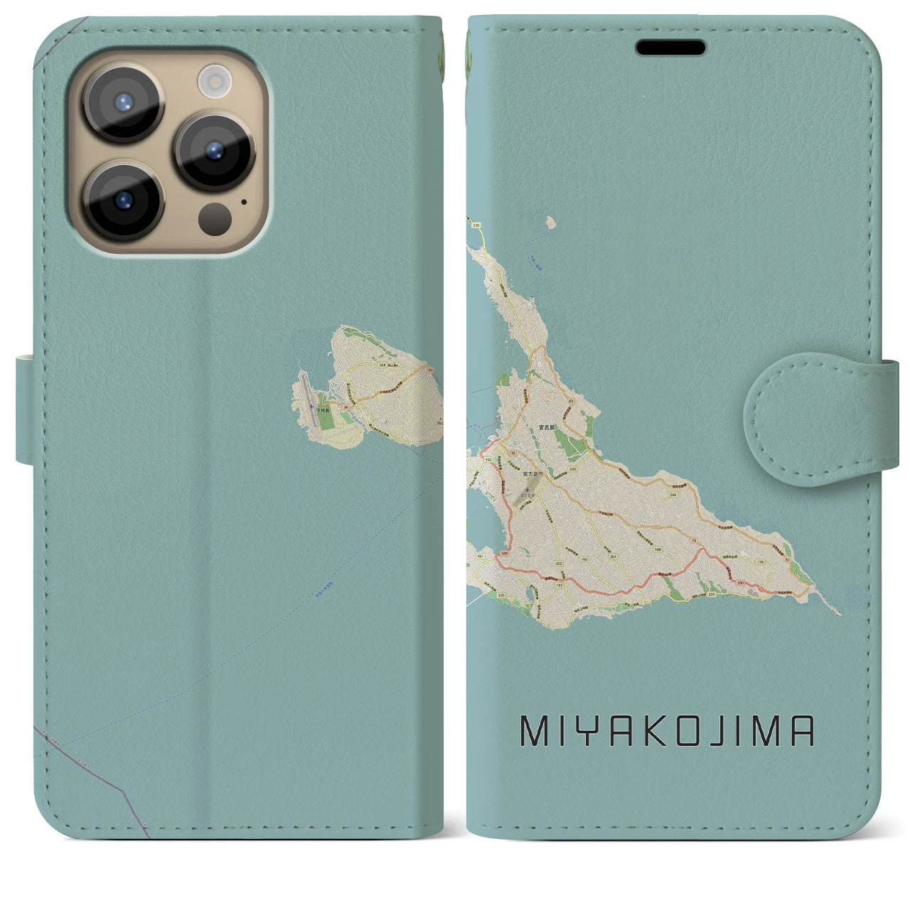 【宮古島(沖縄県)】地図柄iPhoneケース(手帳タイプ)ナチュラル・iPhone 14 Pro Max 用