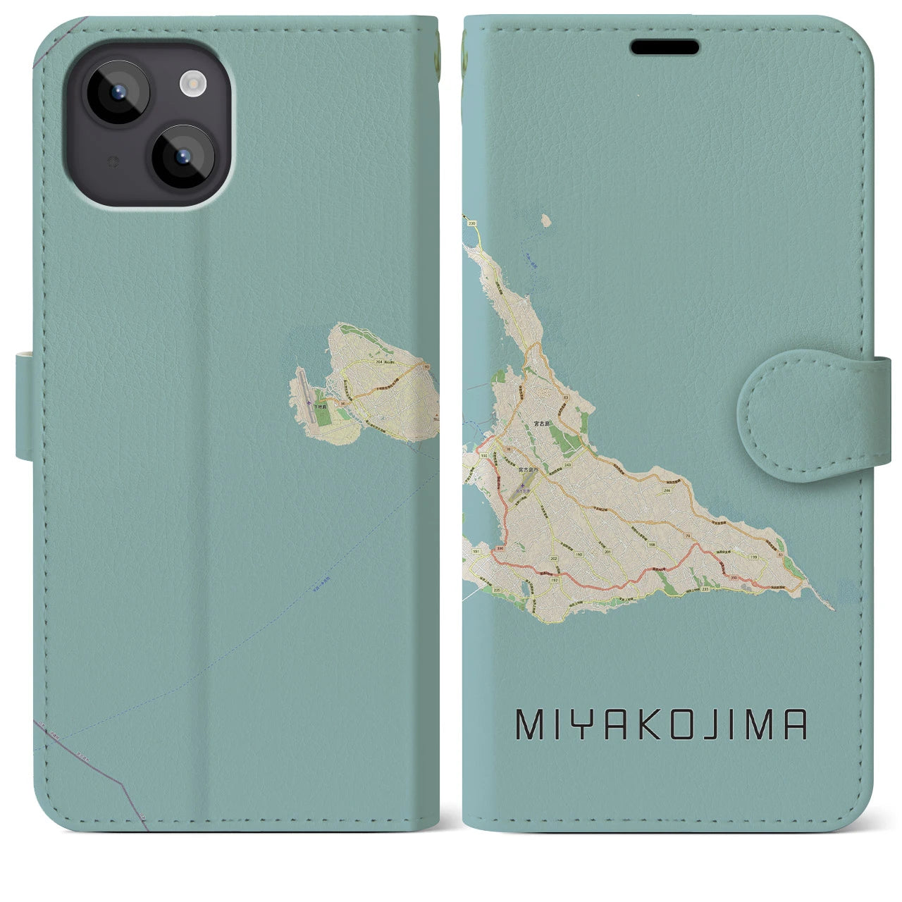 【宮古島(沖縄県)】地図柄iPhoneケース(手帳タイプ)ナチュラル・iPhone 14 Plus 用