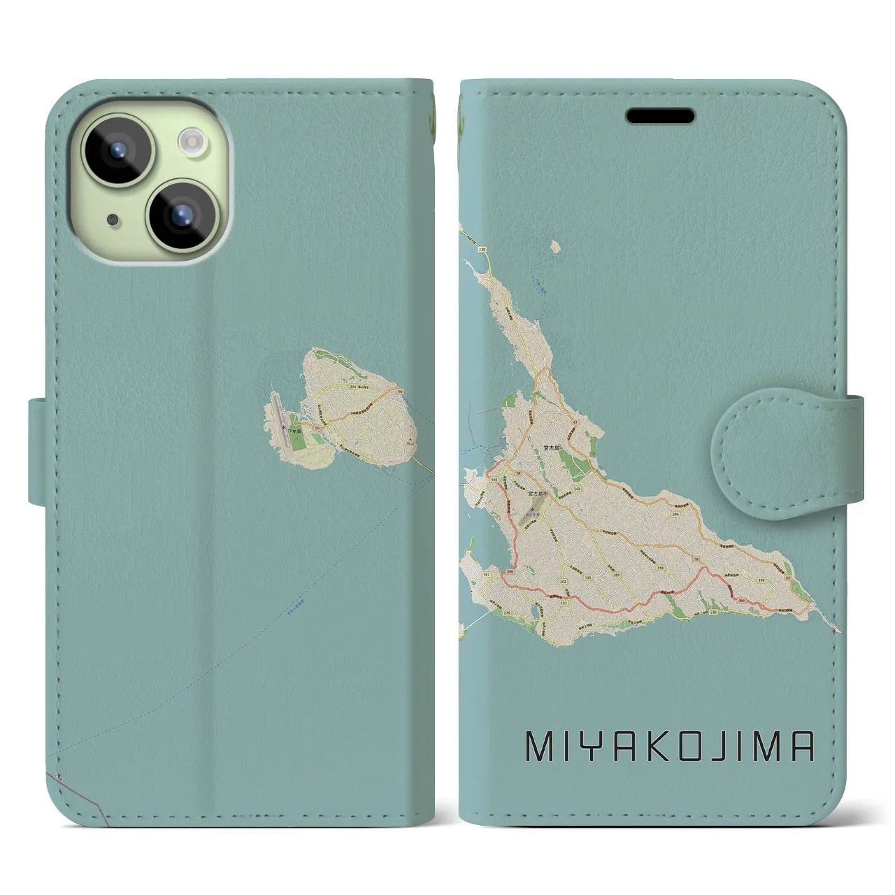 【宮古島(沖縄県)】地図柄iPhoneケース(手帳タイプ)ナチュラル・iPhone 15 用