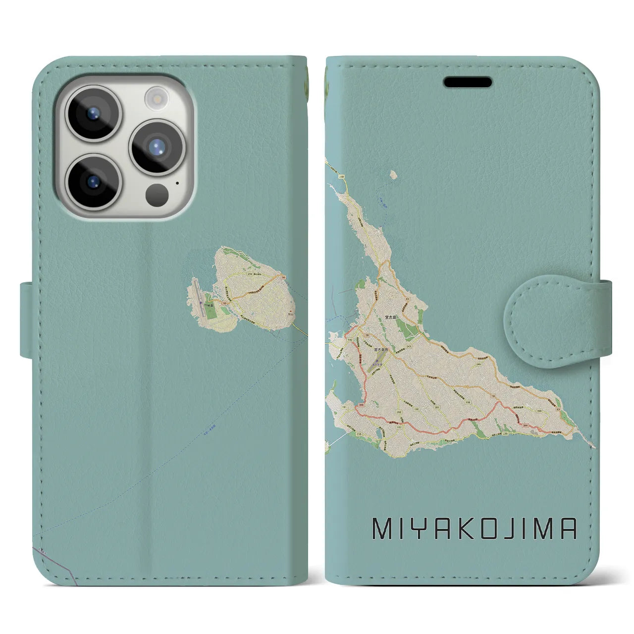 【宮古島(沖縄県)】地図柄iPhoneケース(手帳タイプ)ナチュラル・iPhone 15 Pro 用