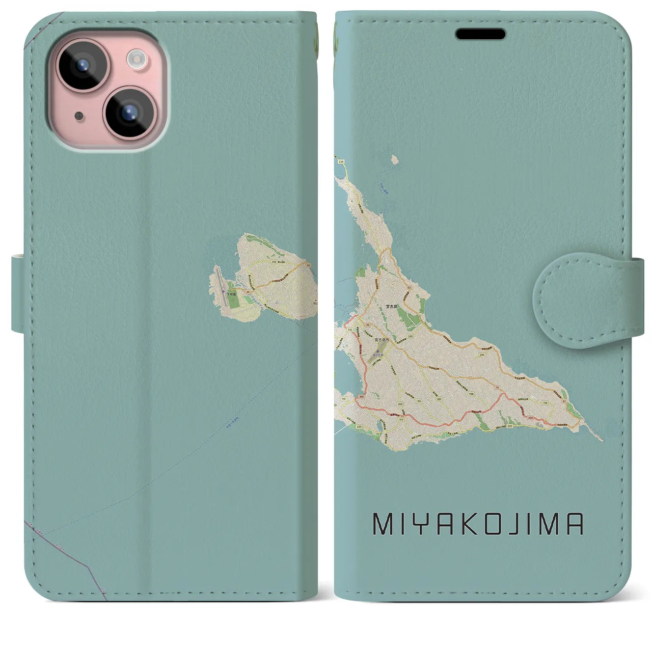 【宮古島(沖縄県)】地図柄iPhoneケース(手帳タイプ)ナチュラル・iPhone 15 Plus 用
