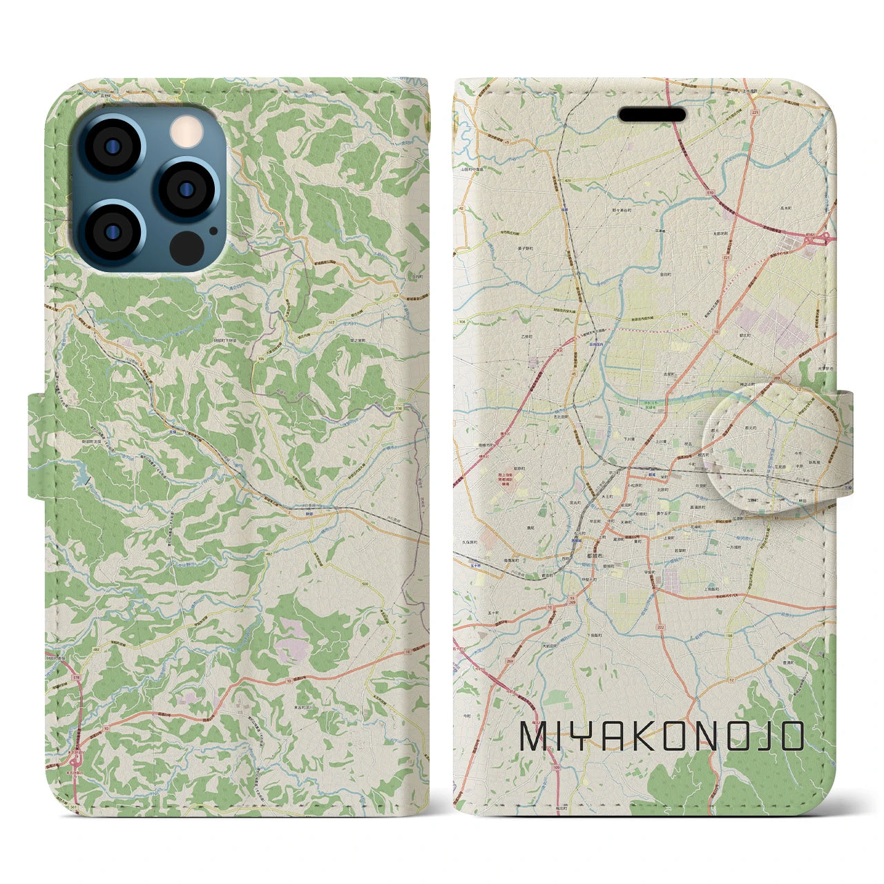 【都城(宮崎県)】地図柄iPhoneケース(手帳タイプ)ナチュラル・iPhone 12 / 12 Pro 用