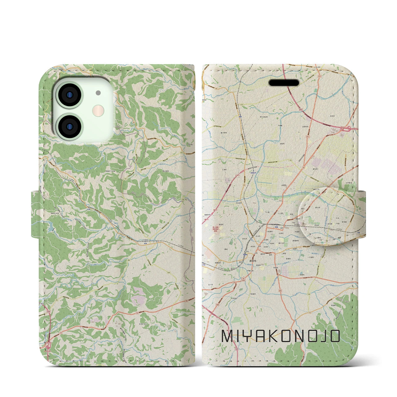 【都城(宮崎県)】地図柄iPhoneケース(手帳タイプ)ナチュラル・iPhone 12 mini 用