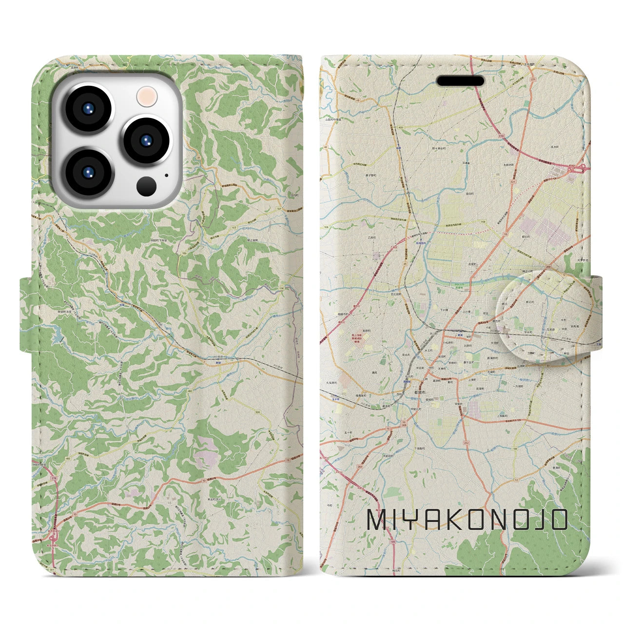 【都城(宮崎県)】地図柄iPhoneケース(手帳タイプ)ナチュラル・iPhone 13 Pro 用