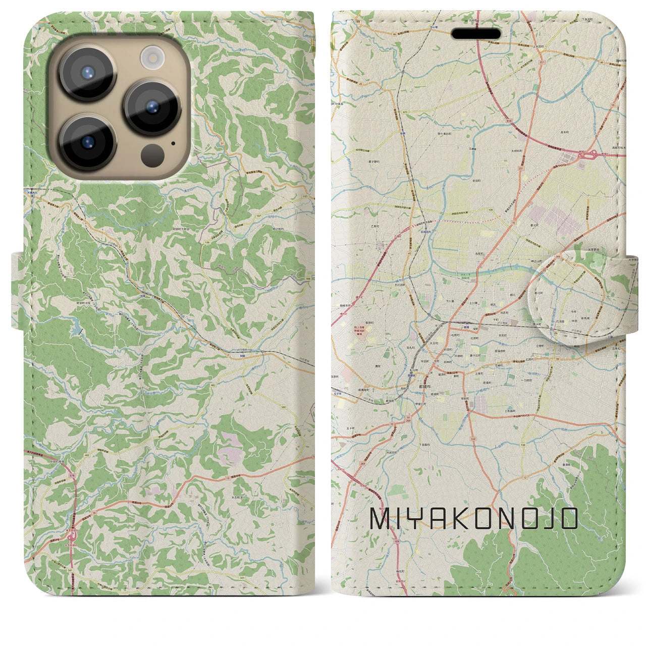 【都城(宮崎県)】地図柄iPhoneケース(手帳タイプ)ナチュラル・iPhone 14 Pro Max 用
