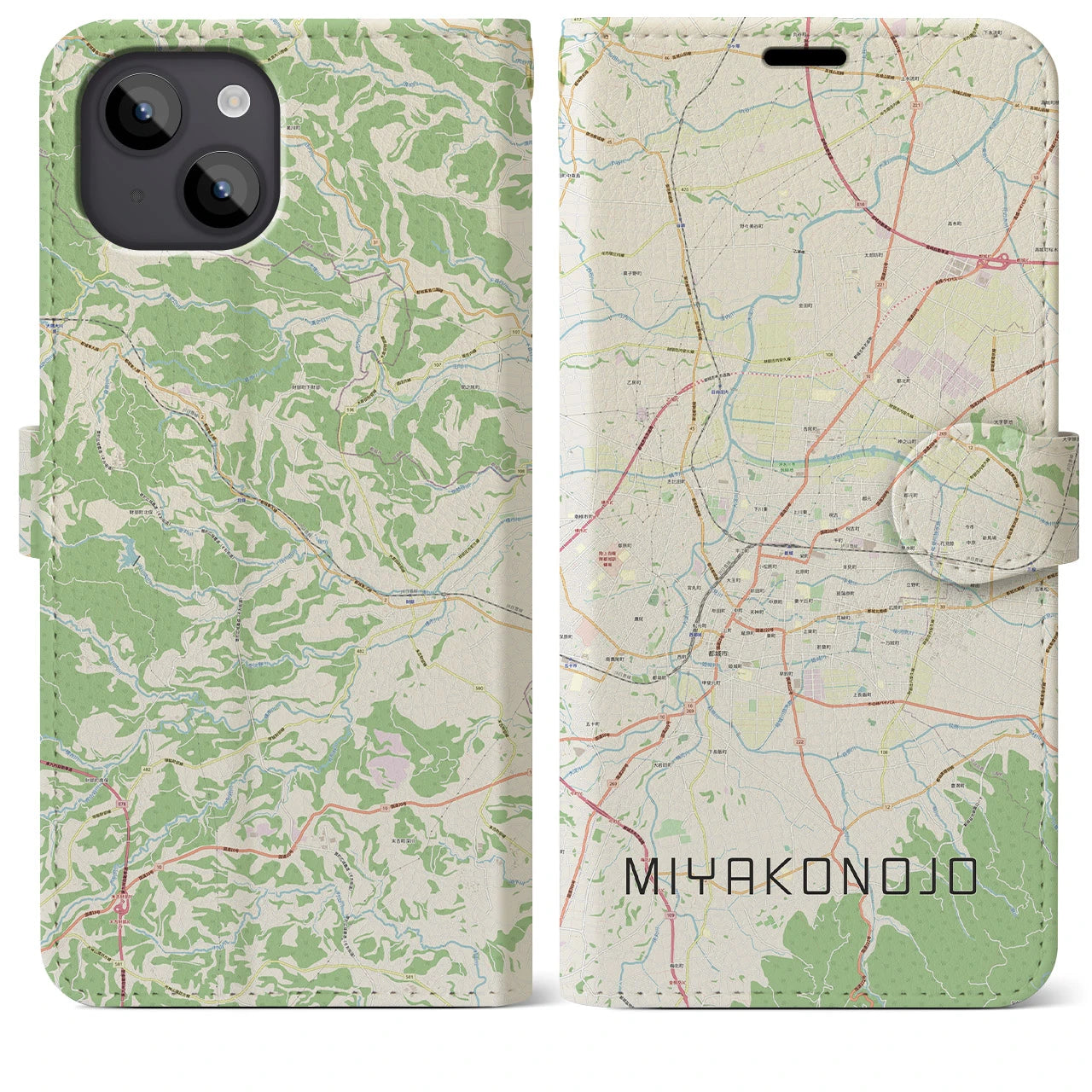 【都城(宮崎県)】地図柄iPhoneケース(手帳タイプ)ナチュラル・iPhone 14 Plus 用