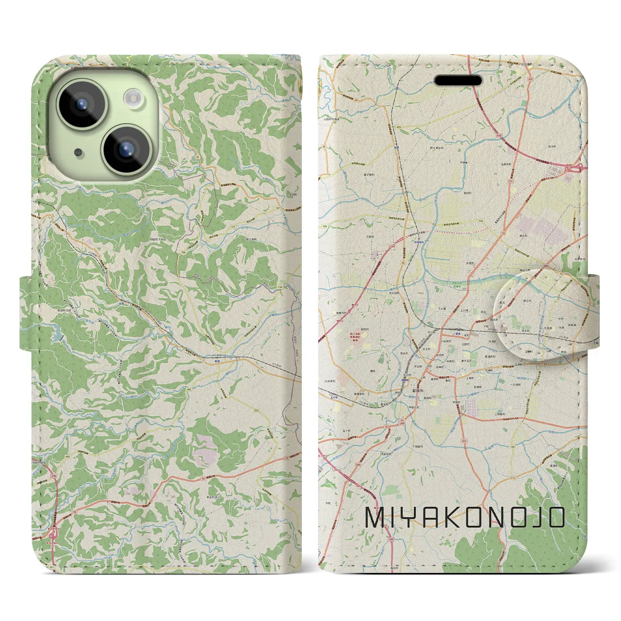 【都城(宮崎県)】地図柄iPhoneケース(手帳タイプ)ナチュラル・iPhone 15 用