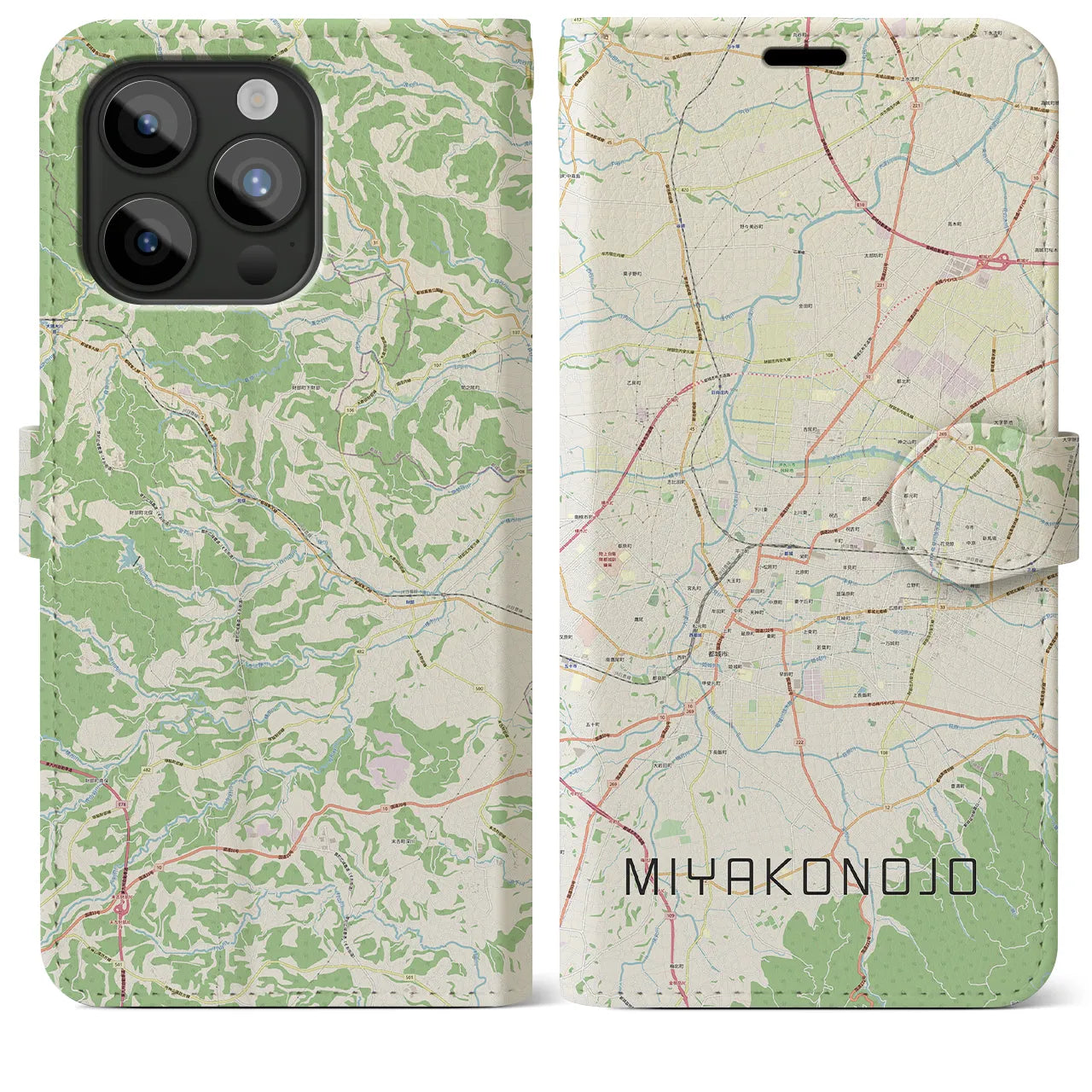 【都城(宮崎県)】地図柄iPhoneケース(手帳タイプ)ナチュラル・iPhone 15 Pro Max 用