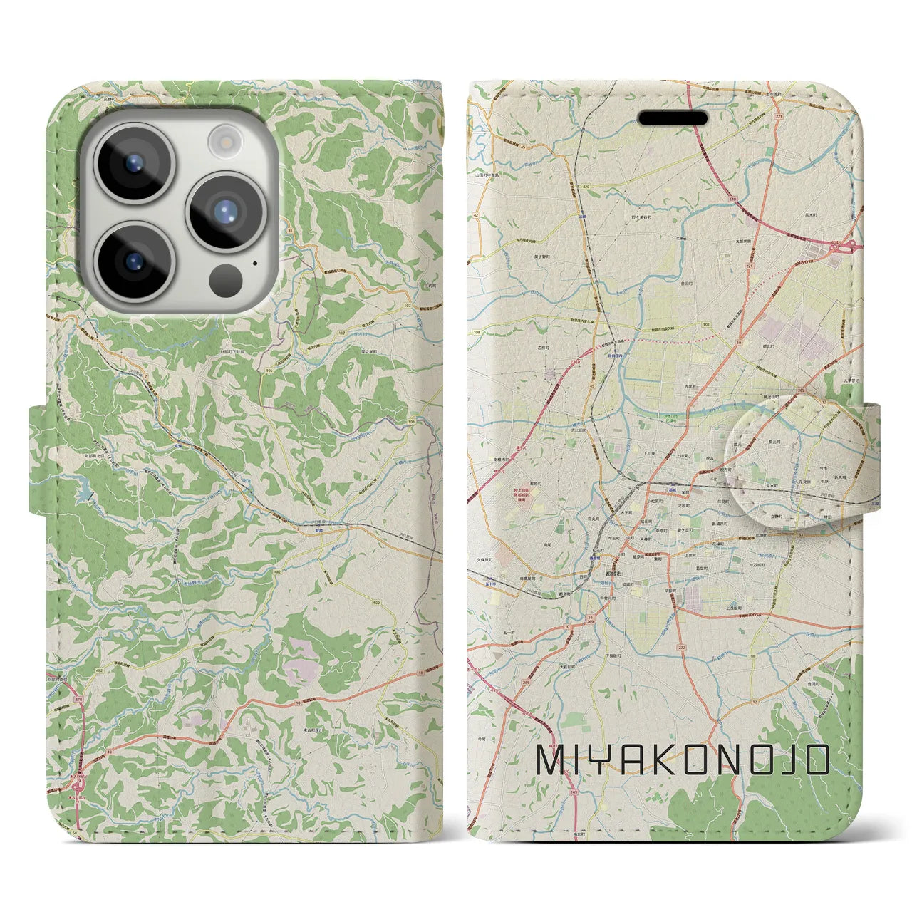 【都城(宮崎県)】地図柄iPhoneケース(手帳タイプ)ナチュラル・iPhone 15 Pro 用