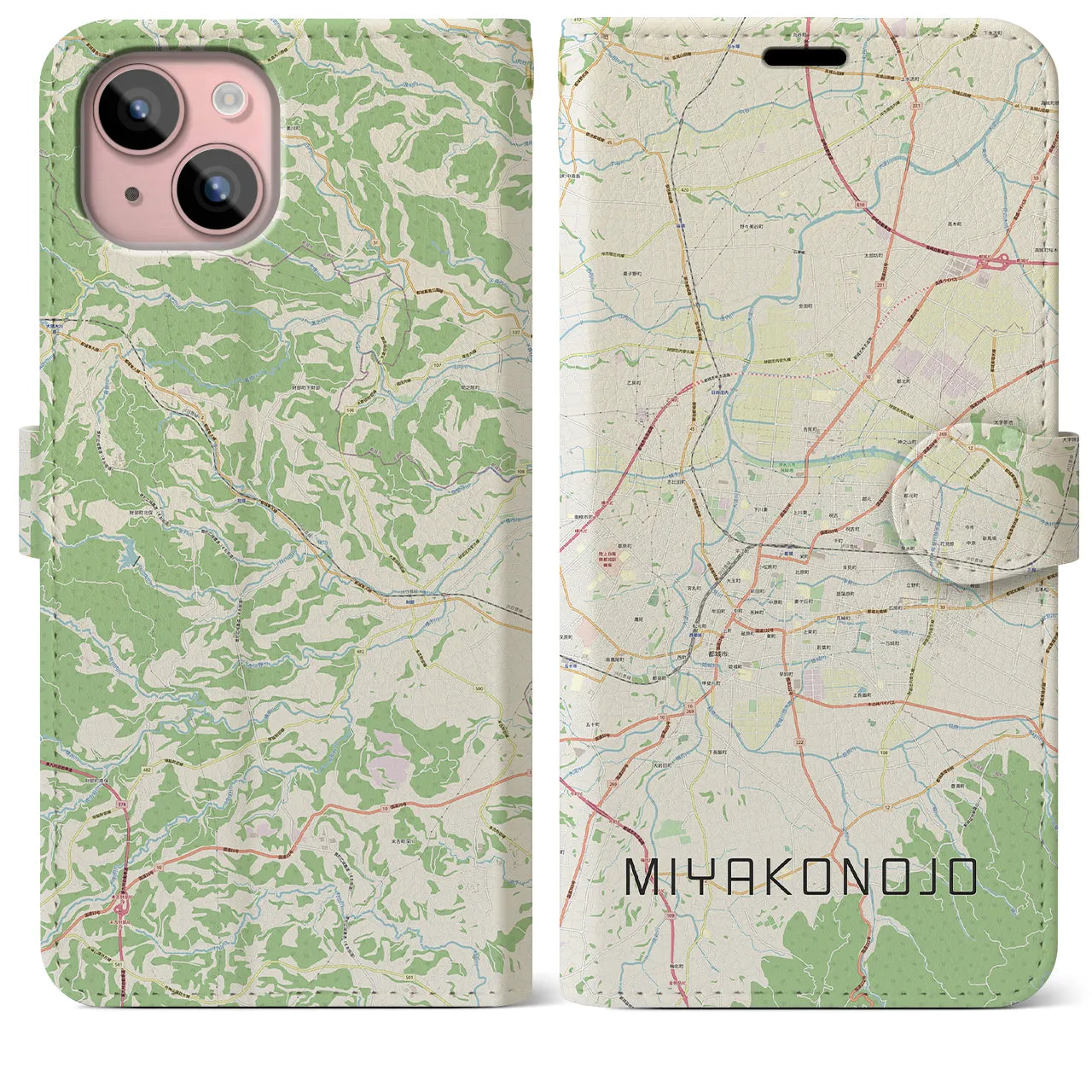 【都城(宮崎県)】地図柄iPhoneケース(手帳タイプ)ナチュラル・iPhone 15 Plus 用