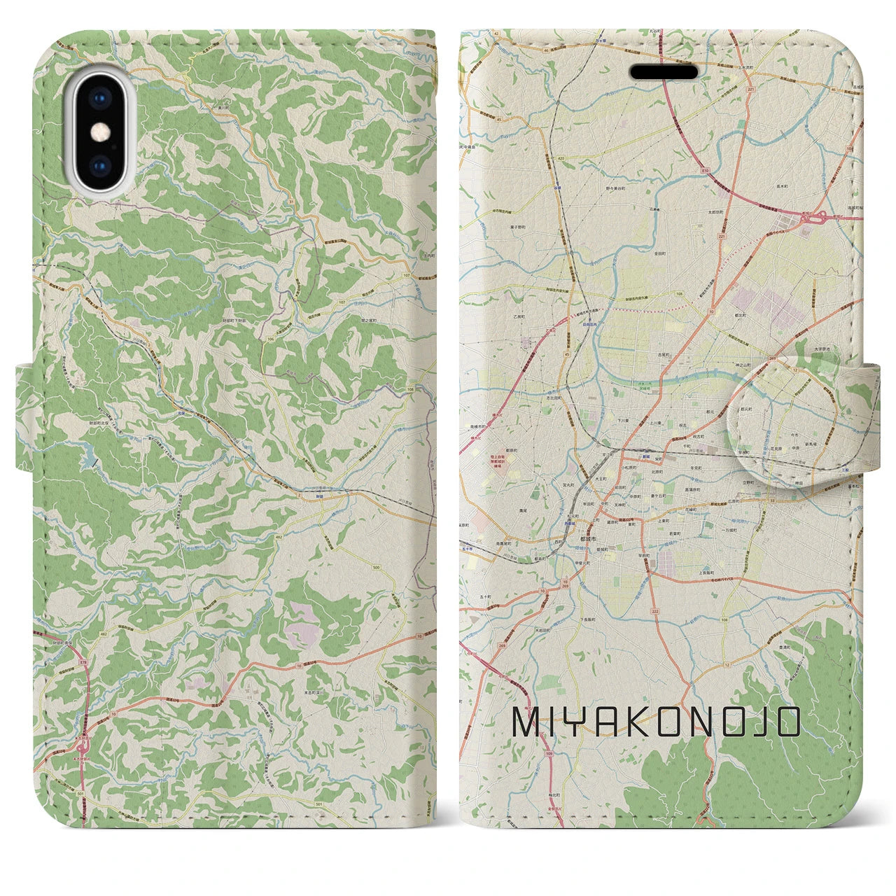 【都城(宮崎県)】地図柄iPhoneケース(手帳タイプ)ナチュラル・iPhone XS Max 用