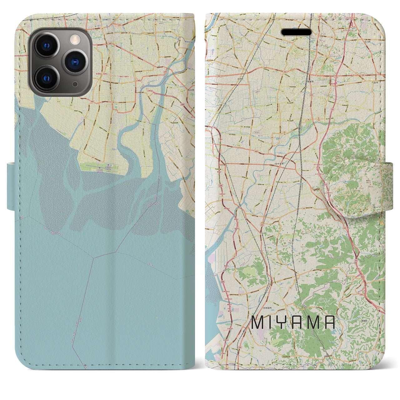 【みやま(福岡県)】地図柄iPhoneケース(手帳タイプ)ナチュラル・iPhone 11 Pro Max 用
