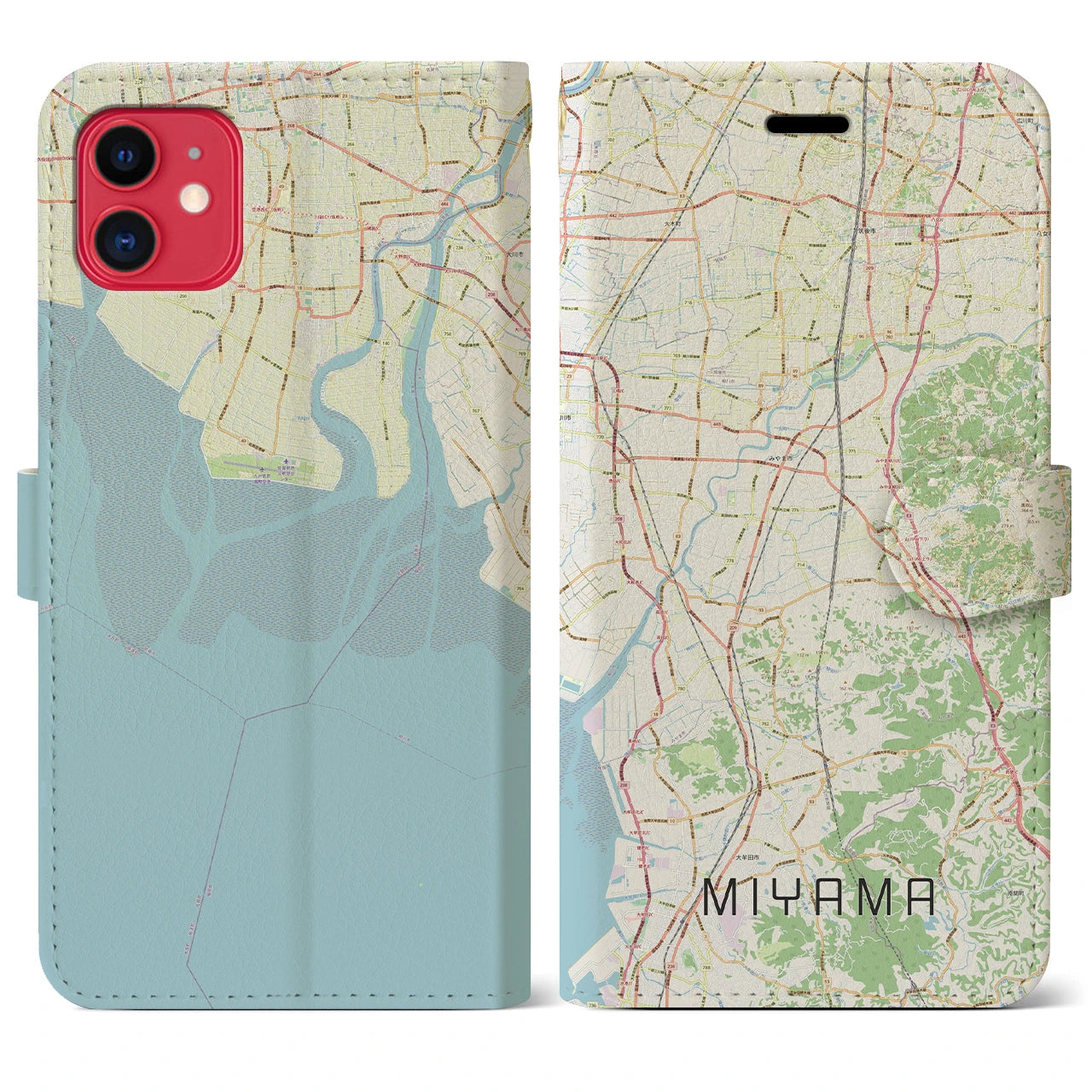 【みやま(福岡県)】地図柄iPhoneケース(手帳タイプ)ナチュラル・iPhone 11 用