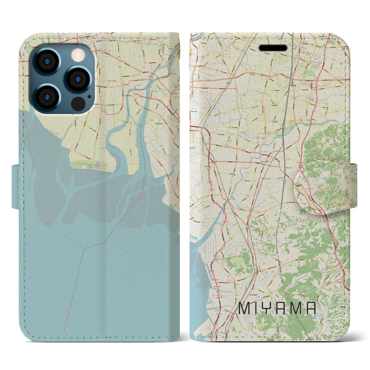 【みやま(福岡県)】地図柄iPhoneケース(手帳タイプ)ナチュラル・iPhone 12 / 12 Pro 用