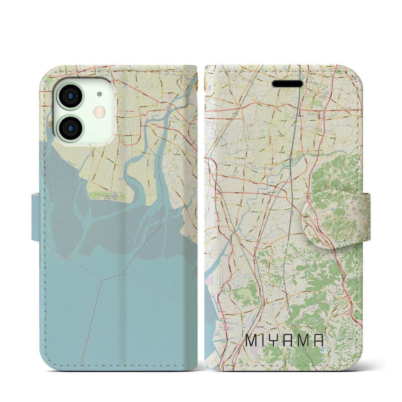 【みやま(福岡県)】地図柄iPhoneケース(手帳タイプ)ナチュラル・iPhone 12 mini 用