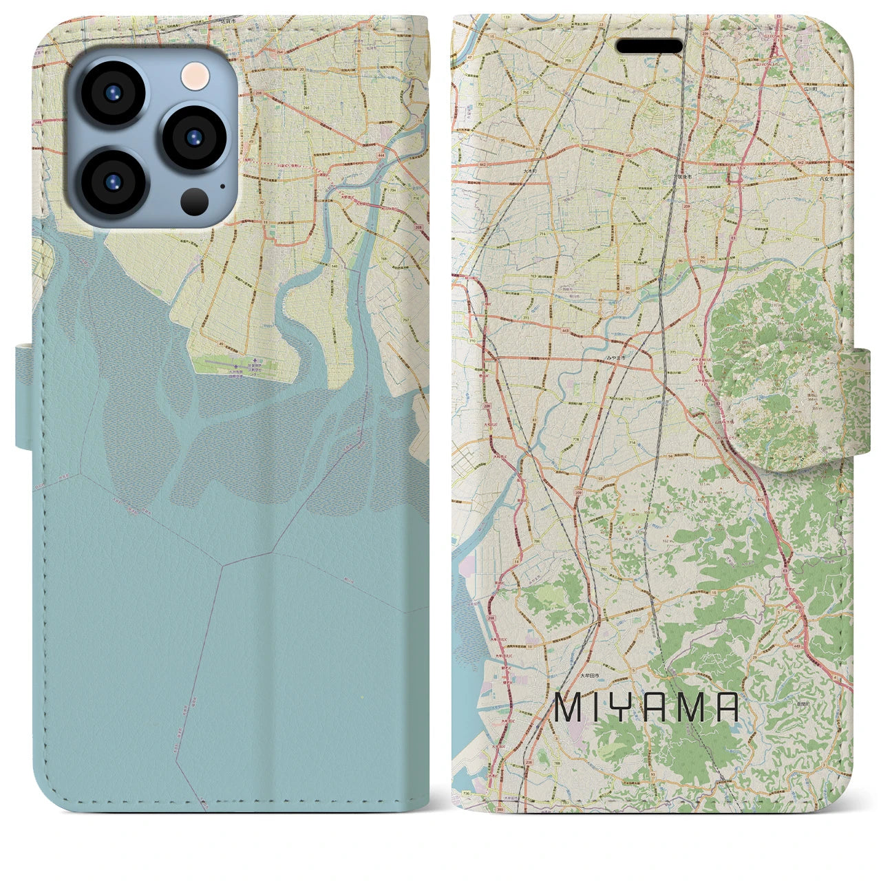 【みやま(福岡県)】地図柄iPhoneケース(手帳タイプ)ナチュラル・iPhone 13 Pro Max 用