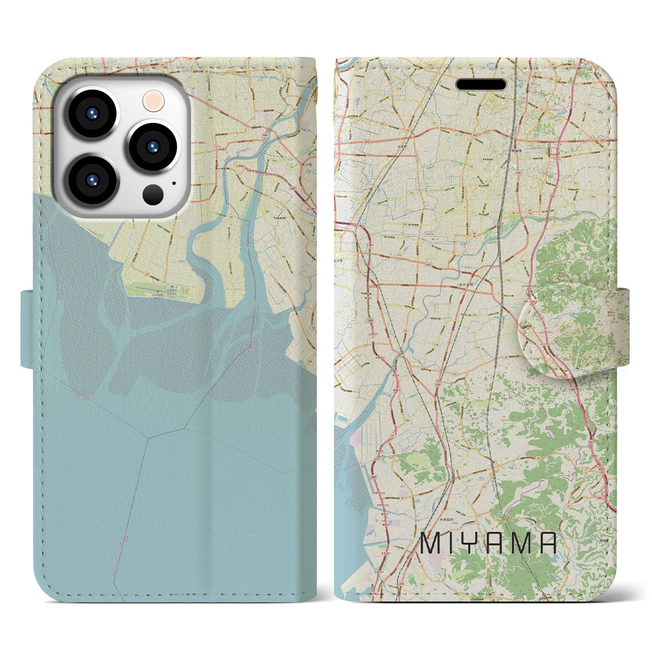 【みやま(福岡県)】地図柄iPhoneケース(手帳タイプ)ナチュラル・iPhone 13 Pro 用