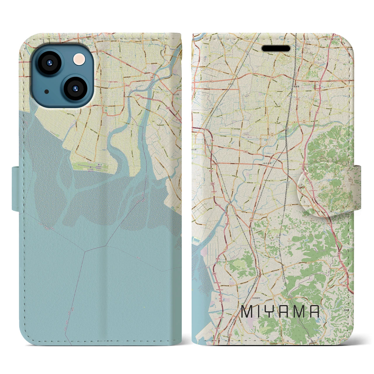 【みやま(福岡県)】地図柄iPhoneケース(手帳タイプ)ナチュラル・iPhone 13 用