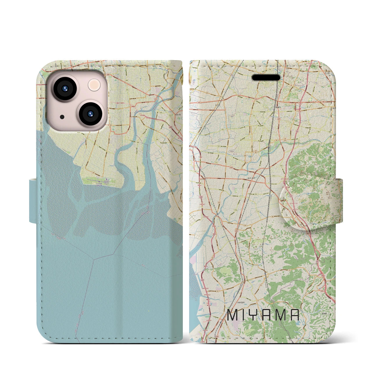 【みやま(福岡県)】地図柄iPhoneケース(手帳タイプ)ナチュラル・iPhone 13 mini 用