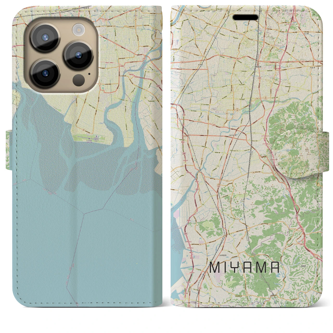 【みやま(福岡県)】地図柄iPhoneケース(手帳タイプ)ナチュラル・iPhone 14 Pro Max 用