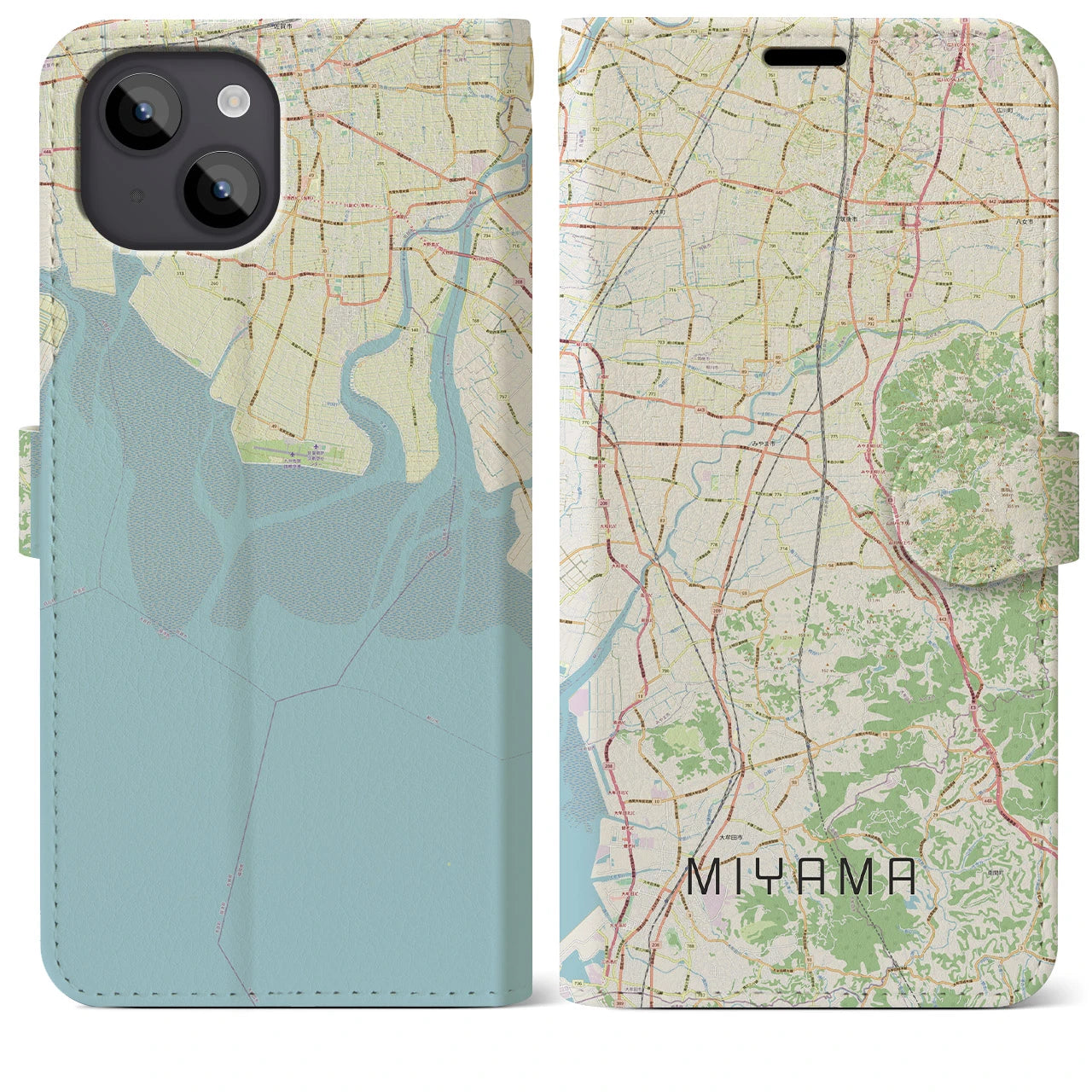 【みやま(福岡県)】地図柄iPhoneケース(手帳タイプ)ナチュラル・iPhone 14 Plus 用