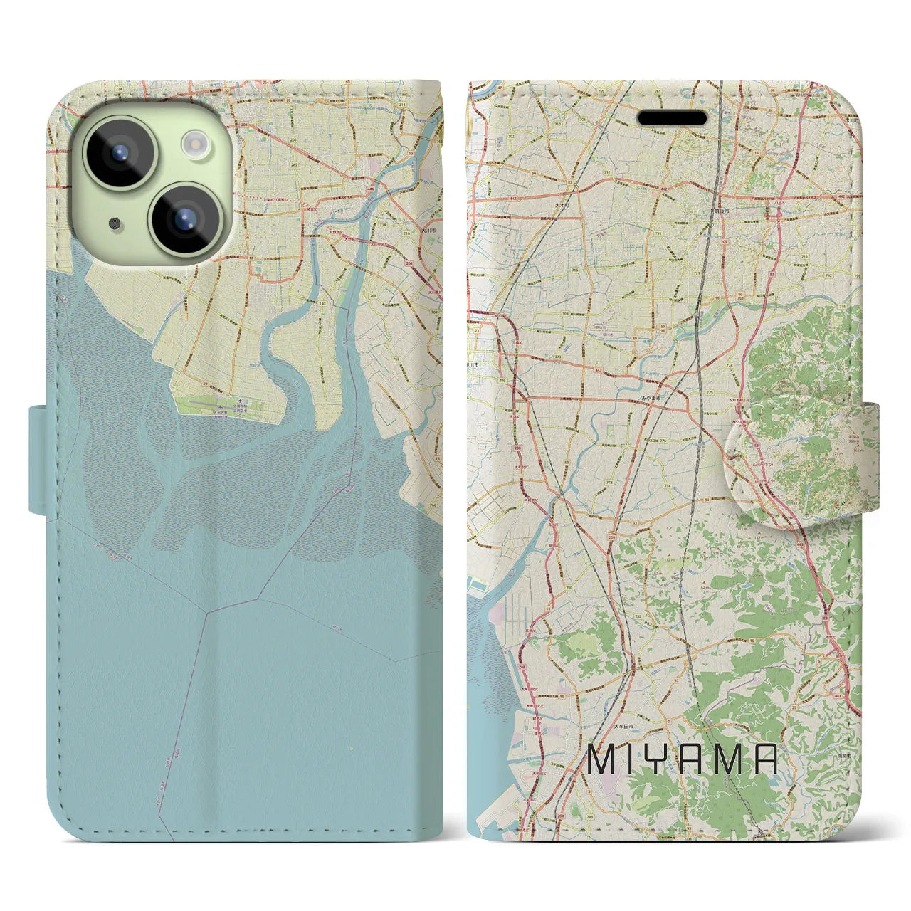 【みやま(福岡県)】地図柄iPhoneケース(手帳タイプ)ナチュラル・iPhone 15 用