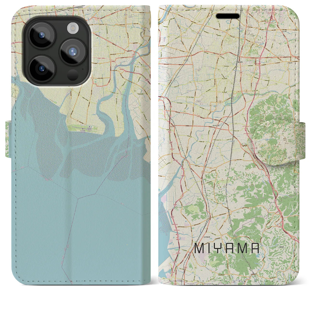 【みやま(福岡県)】地図柄iPhoneケース(手帳タイプ)ナチュラル・iPhone 15 Pro Max 用