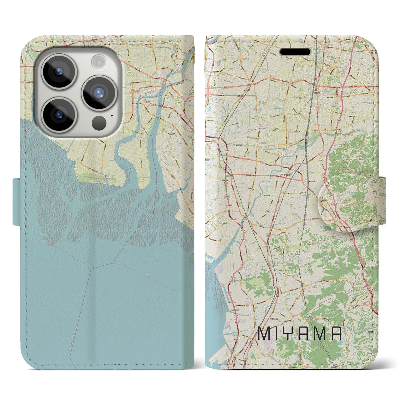 【みやま(福岡県)】地図柄iPhoneケース(手帳タイプ)ナチュラル・iPhone 15 Pro 用