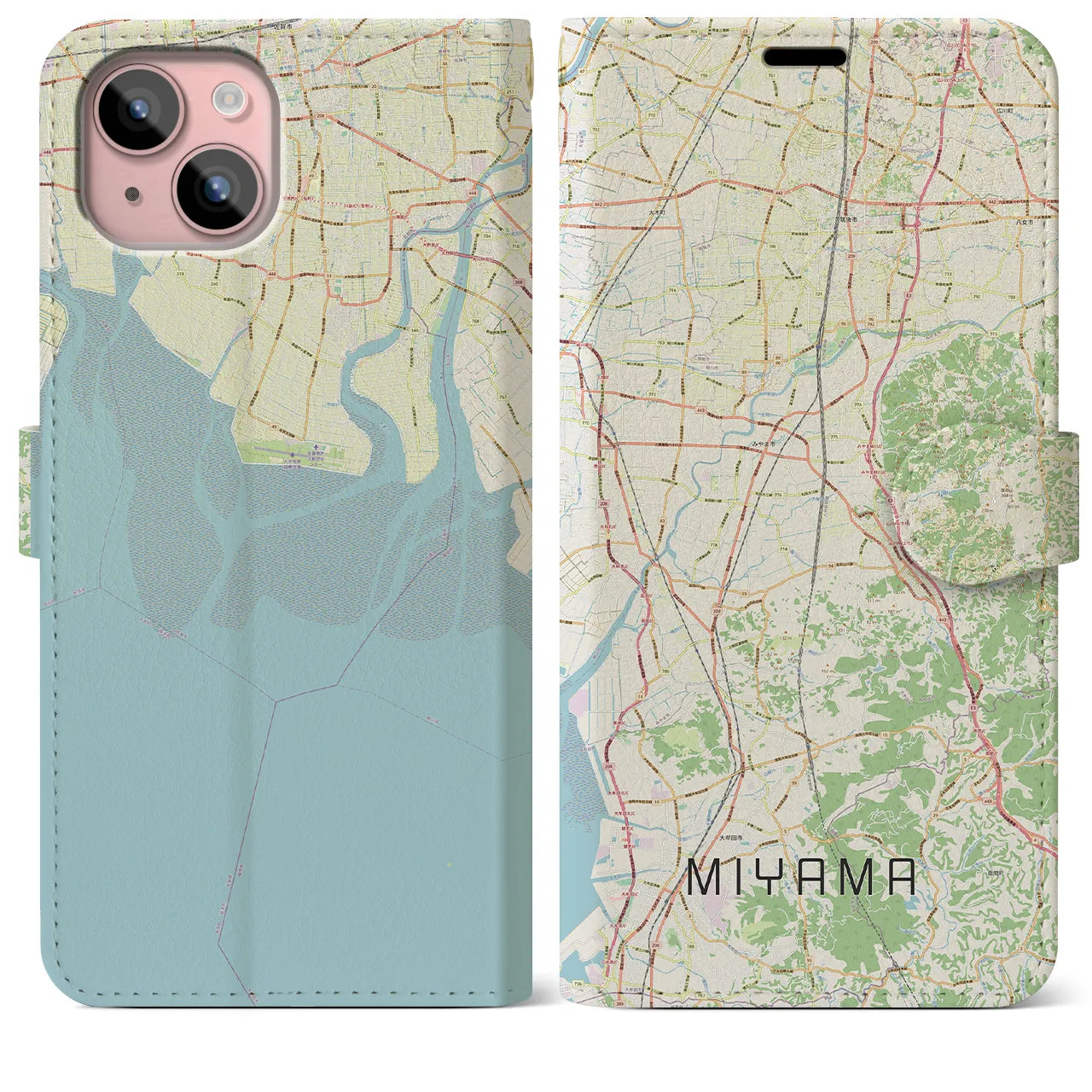 【みやま(福岡県)】地図柄iPhoneケース(手帳タイプ)ナチュラル・iPhone 15 Plus 用