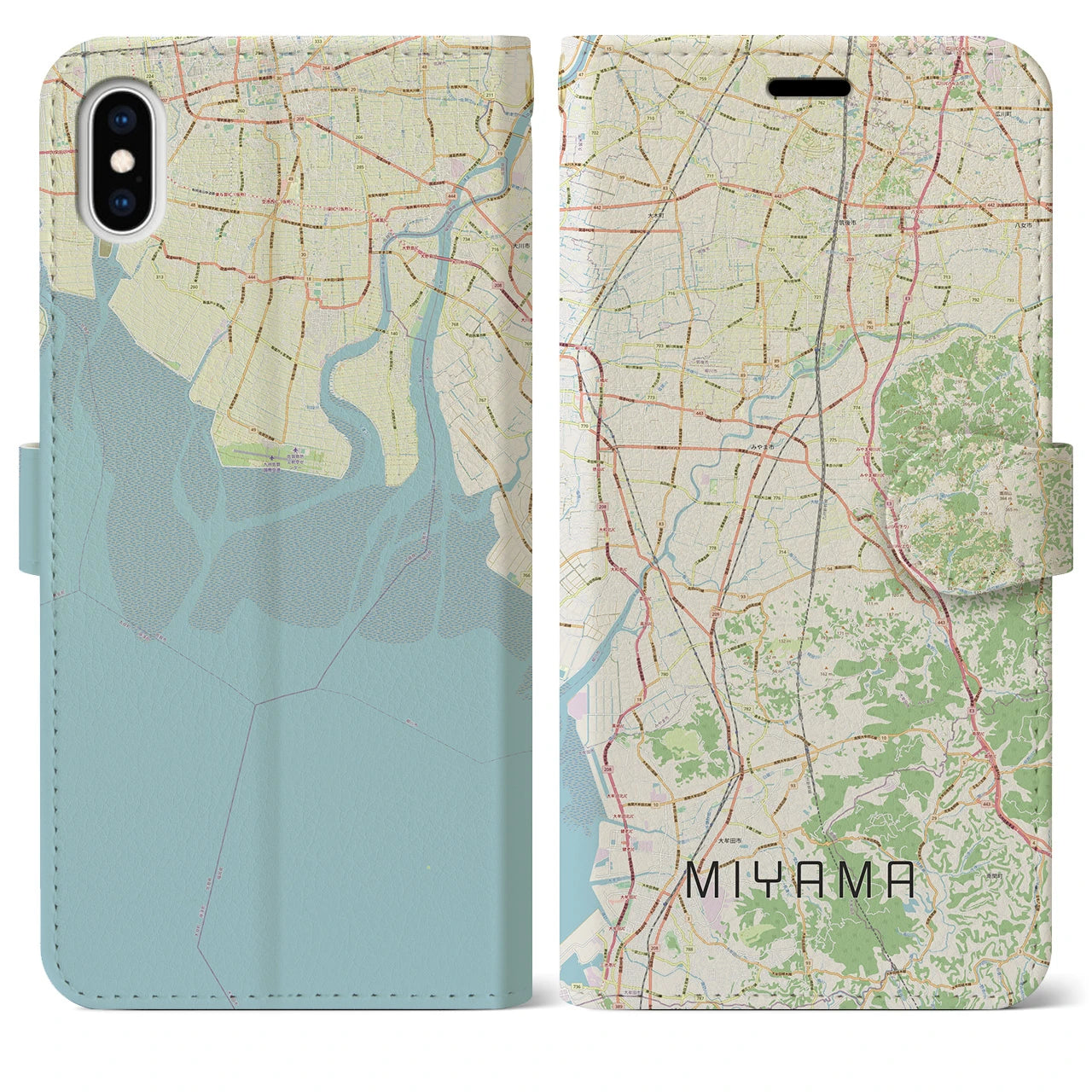 【みやま(福岡県)】地図柄iPhoneケース(手帳タイプ)ナチュラル・iPhone XS Max 用
