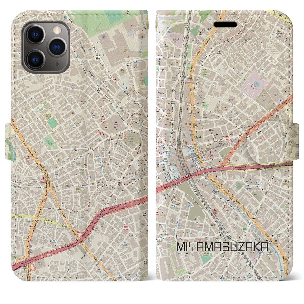 【宮益坂(東京都)】地図柄iPhoneケース(手帳タイプ)ナチュラル・iPhone 11 Pro Max 用