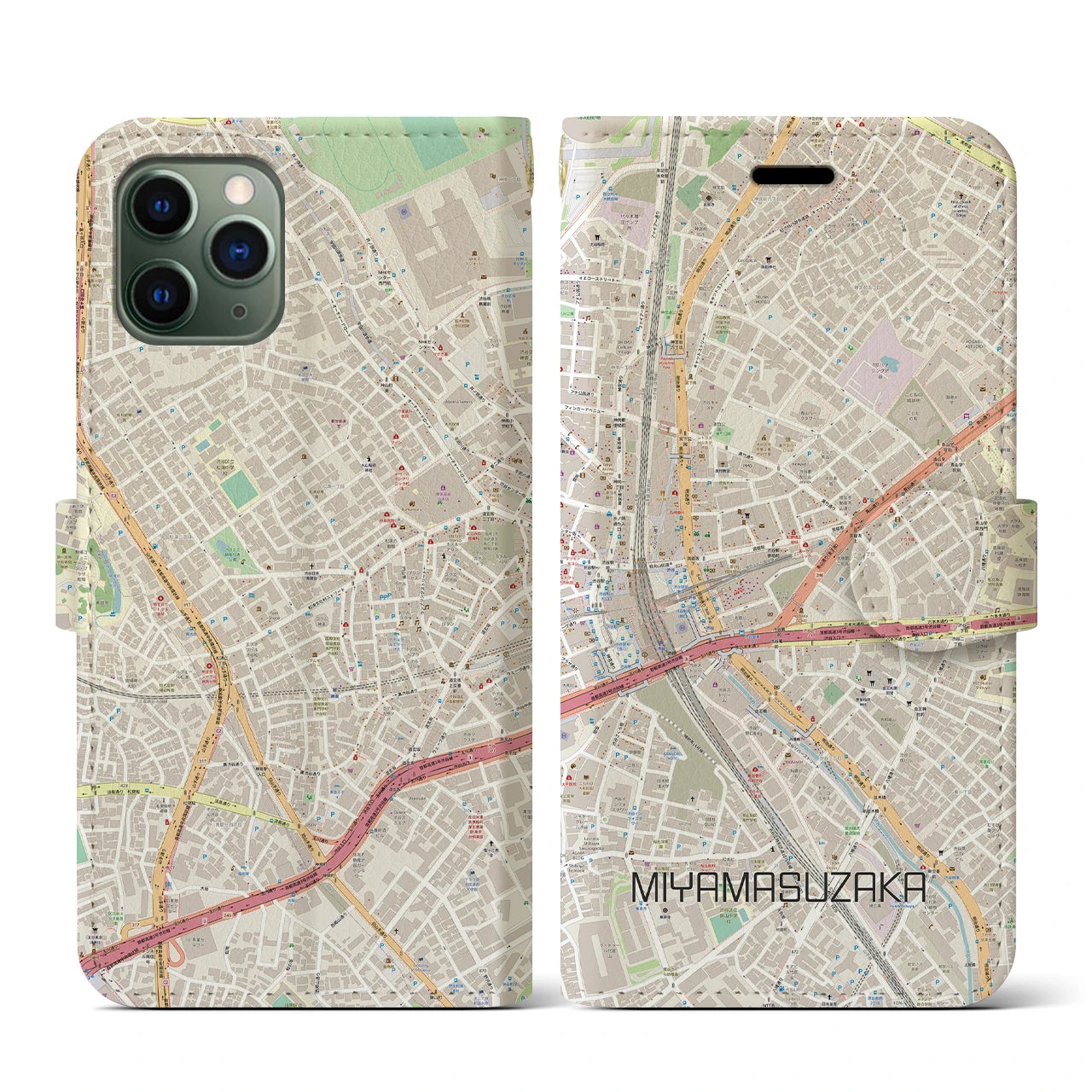 【宮益坂(東京都)】地図柄iPhoneケース(手帳タイプ)ナチュラル・iPhone 11 Pro 用