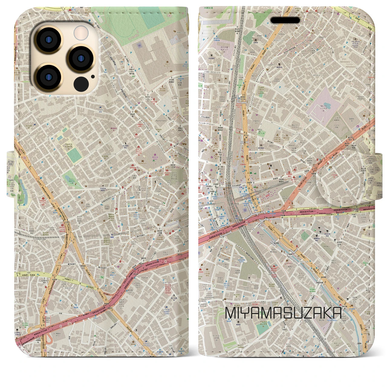 【宮益坂(東京都)】地図柄iPhoneケース(手帳タイプ)ナチュラル・iPhone 12 Pro Max 用