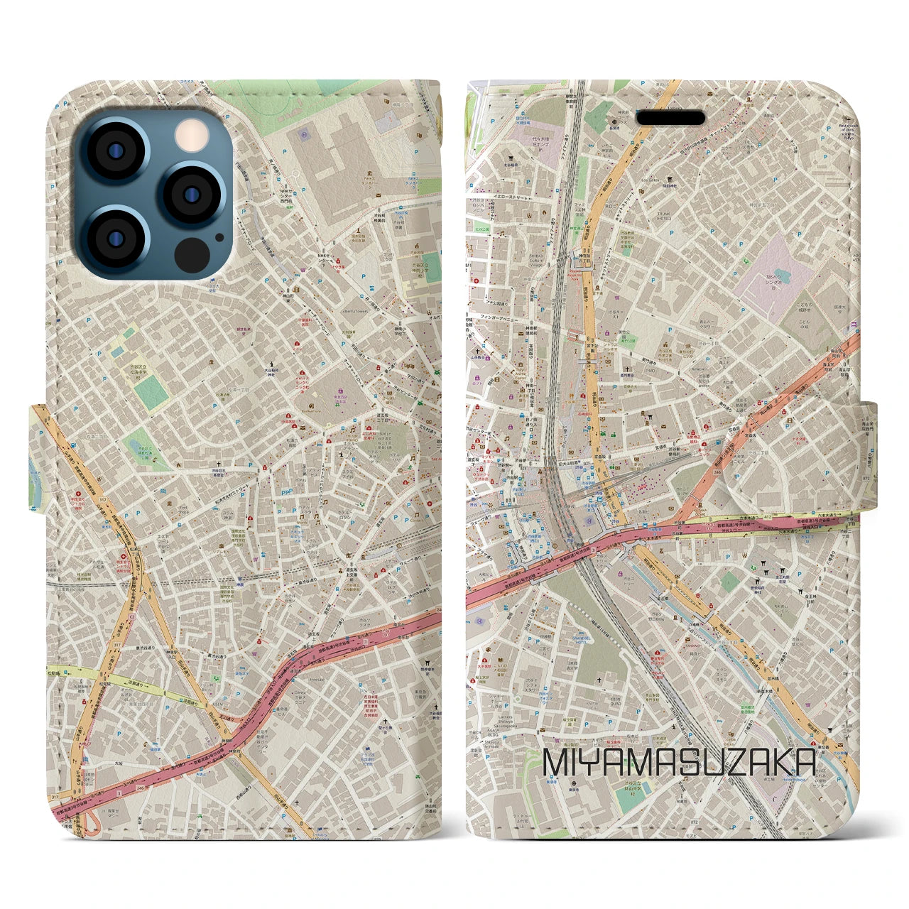 【宮益坂(東京都)】地図柄iPhoneケース(手帳タイプ)ナチュラル・iPhone 12 / 12 Pro 用