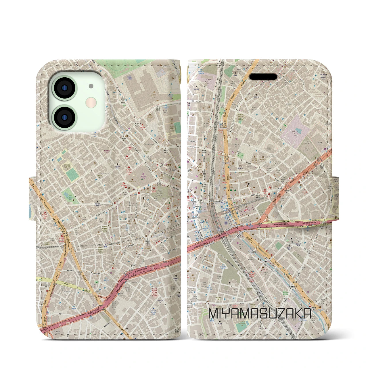 【宮益坂(東京都)】地図柄iPhoneケース(手帳タイプ)ナチュラル・iPhone 12 mini 用