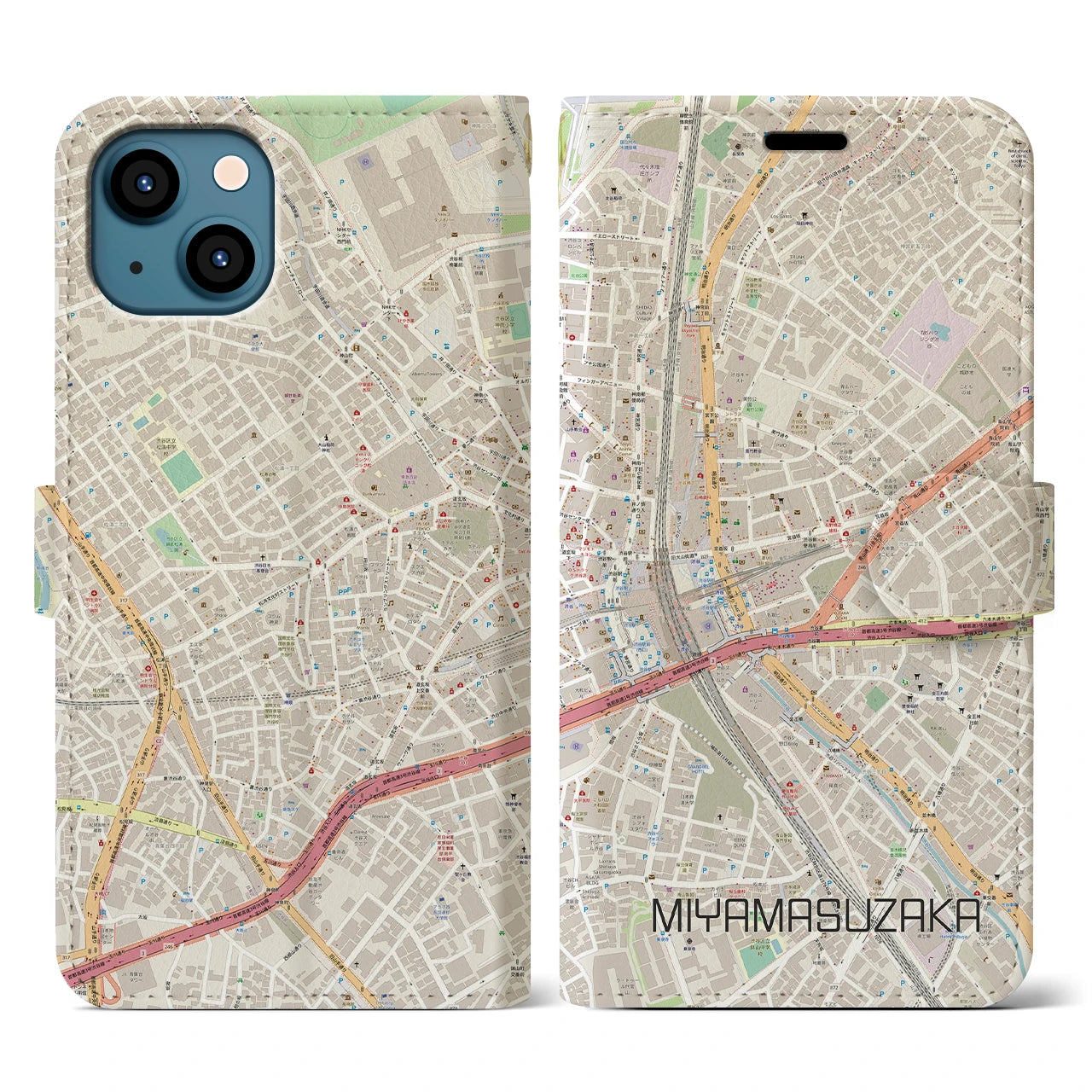 【宮益坂(東京都)】地図柄iPhoneケース(手帳タイプ)ナチュラル・iPhone 13 用