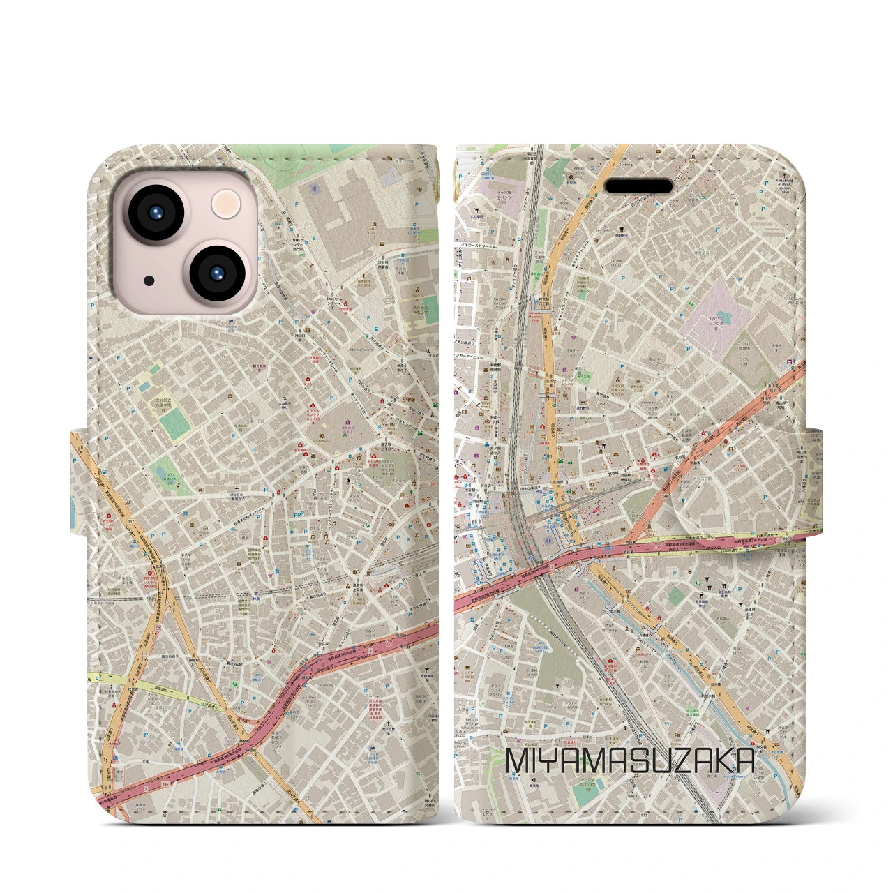 【宮益坂(東京都)】地図柄iPhoneケース(手帳タイプ)ナチュラル・iPhone 13 mini 用