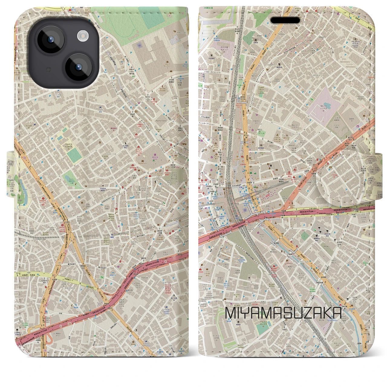 【宮益坂(東京都)】地図柄iPhoneケース(手帳タイプ)ナチュラル・iPhone 14 Plus 用