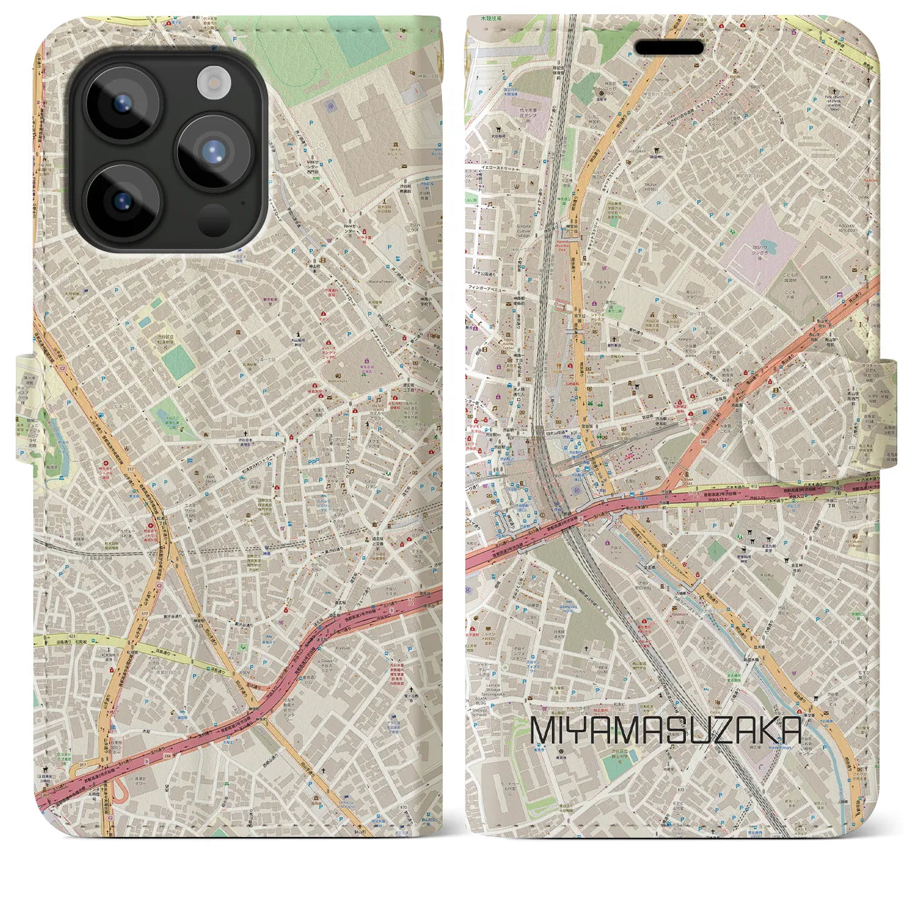 【宮益坂(東京都)】地図柄iPhoneケース(手帳タイプ)ナチュラル・iPhone 15 Pro Max 用