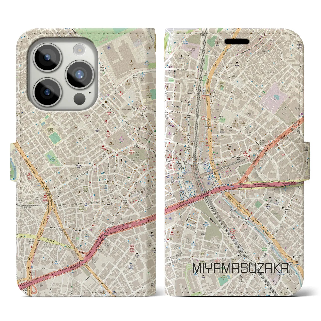 【宮益坂(東京都)】地図柄iPhoneケース(手帳タイプ)ナチュラル・iPhone 15 Pro 用